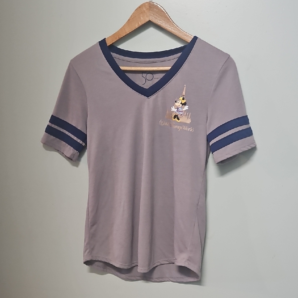 Disney World 50th Minnie Mouse  V-Neck Short Sleeve Tee with Navy Accents